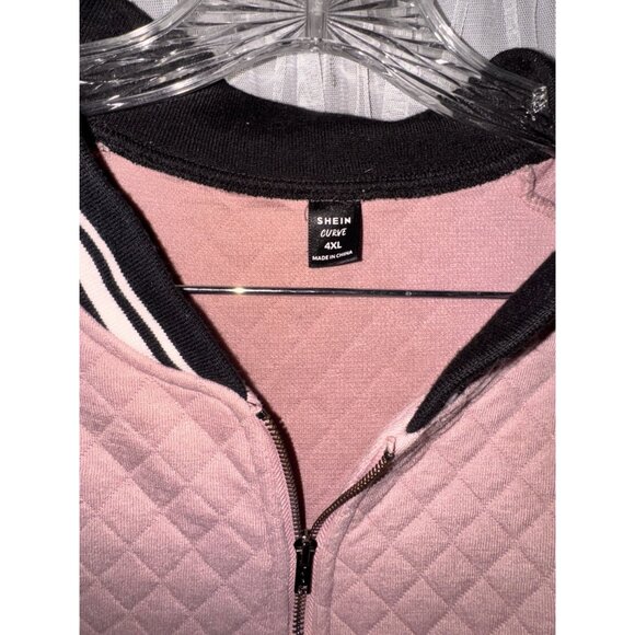 Quilted Light Pink Full-Zip Bomber Jacket With Black & White Striped Trim Shein - Picture 3 of 6